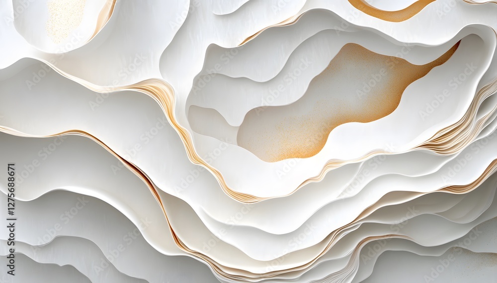 Poster abstract white layers with gold accents create depth and movement