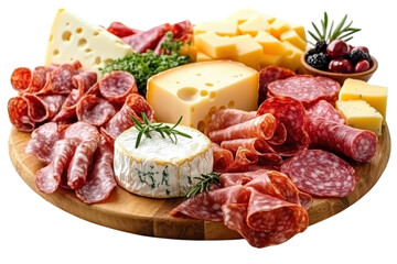 Assorted cheeses and cured meats served on a wooden platter with fresh herbs and berries for a gourmet snack