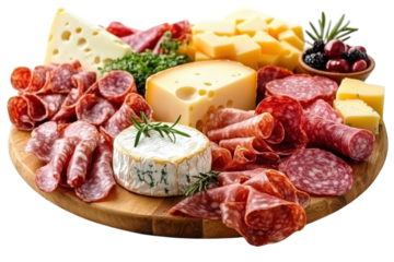 Assorted cheeses and cured meats served on a wooden platter with fresh herbs and berries for a gourmet snack