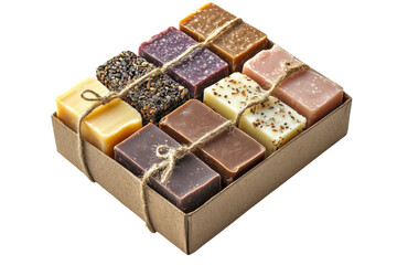 Handmade soap gift set with assorted natural fragrances arranged in a decorative box