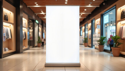 A vertical banner mockup set in a shopping mall with modern interiors. This sleek and professional setting is ideal for displaying promotional content, advertisements, or branding designs for retail