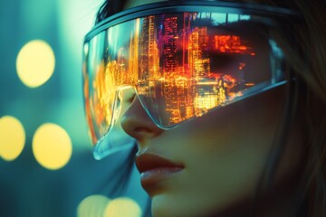 A futuristic visor reflects a glowing cityscape at night, merging technology with imagination, set against a dreamy urban backdrop.