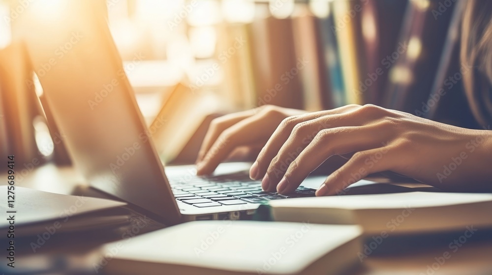 Poster student hands busy typing on laptop, surrounded by notes and textbooks in a cozy study session