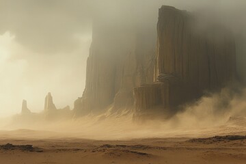 Dust storm sweeps across a desolate, rocky desert landscape, revealing towering sandstone formations.