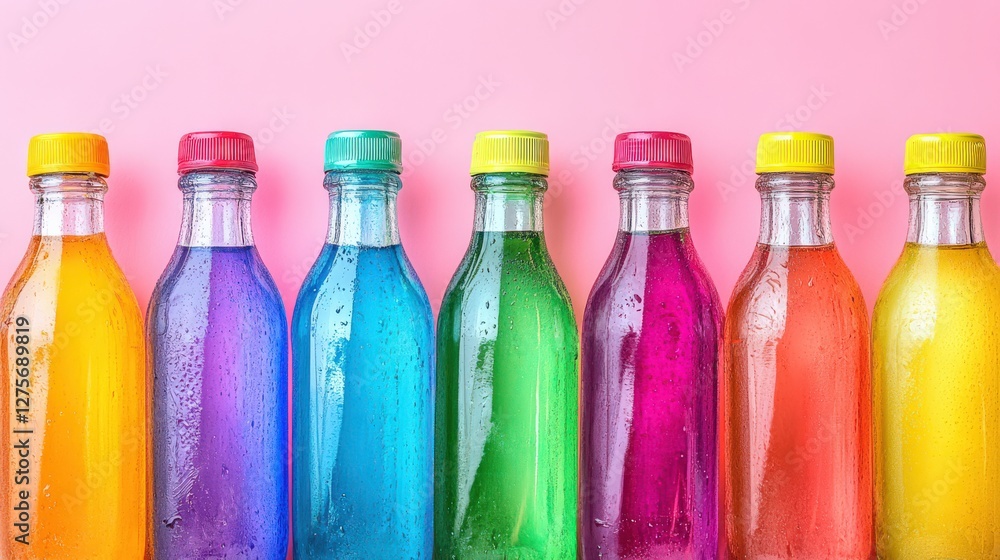 Aufkleber colorful array of refreshing soft drink bottles lined up against a vibrant pink background