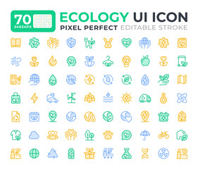 Ecology duotone color ui icons set. Researching living organisms in environment. Nature care strategy. Vector illustrations. Web design user interface elements collection, pixel perfect