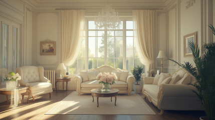 Fototapeta premium Bright Classic Living Room with Large Windows and Cozy Pastel Interior