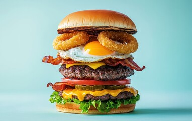 Hovering massive stacked burger with beef, bacon, egg, and onion rings, pastel background
