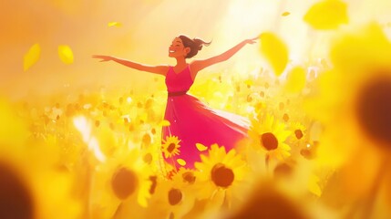 Joyful Woman in Pink Dress Dancing Among Sunflowers in Golden Light