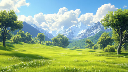 Beautiful green meadow with trees and mountains in the background, fantastic landscape, bright daylight, blue sky, white clouds