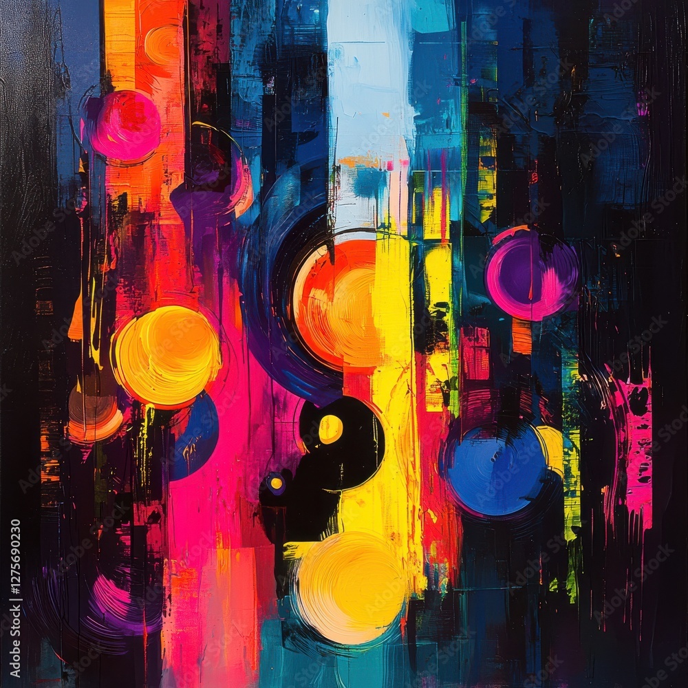 Poster vibrant abstract artwork with bold colors and circular shapes in dynamic composition