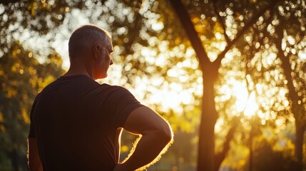 Shoulder stretch by a man in a tranquil park at sunset. Featuring mindfulness and relaxation