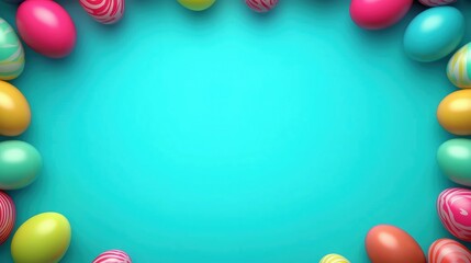 Colorful decorated eggs arranged on a bright turquoise background for Easter celebrations and festive activities, Happy Easter