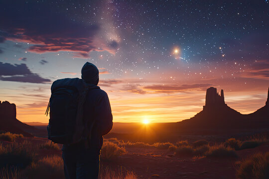 Backpacker admiring starry sky at sunset