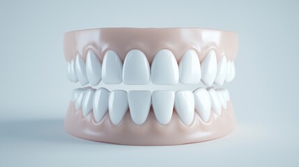 Obraz premium 3D illustration of full dental model with white teeth and gums on light background. Orthodontics and dental care concept