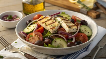Greek Salad with Grilled Halloumi Tomatoes, cucumbers, red onions, olives, feta, grilled halloumi, and a lemon-herb dressing.