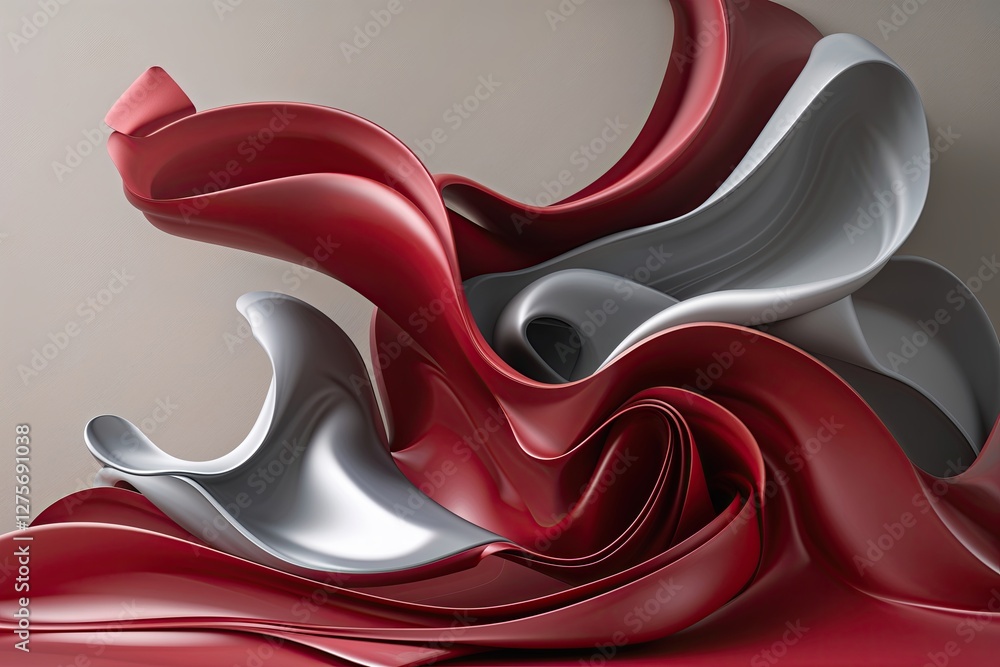 Poster dynamic ruby red and silky grey flowing lines in modern 3d composition with neutral background
