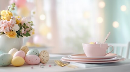 Decorative Easter table setting featuring pastel eggs and flowers, ideal for spring celebrations and gatherings with family and friends