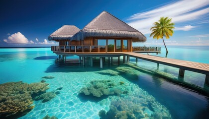 Fototapeta premium A private overwater villa in Bora Bora, with glass floors revealing the vibrant coral reef below, offering a luxurious and serene tropical experience.
