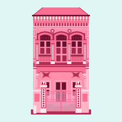 A beautifully detailed pink Peranakan house in Singapore, showcasing ornate architecture, colorful shutters, and intricate decorative elements, reflecting the rich cultural heritage of the region.