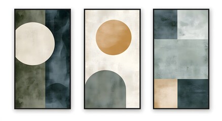 Abstract Geometric Triptych Wall Art Featuring Earthy Tones