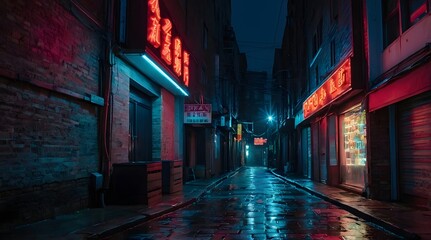 Fototapeta premium A narrow urban alley at night, illuminated by neon signs reflecting on wet cobblestones, creating a moody and atmospheric scene with a quiet, mysterious ambiance