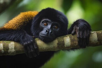 A contemplative monkey observes its surroundings from a moss-covered branch, eyes filled with introspection against the emerald rainforest backdrop.