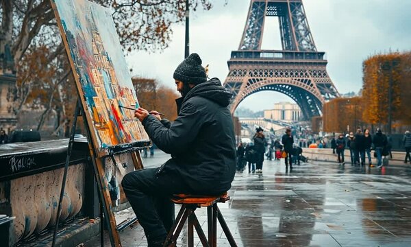 A Parisian street painter sketching the Eiffel Tower, bringing art to life against a stunning backdrop.