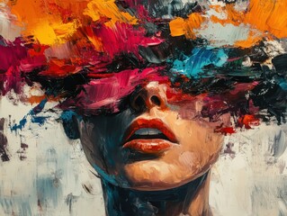 Abstract Portrait of a Woman with Colorful Brushstrokes Representing Thoughts and Emotions