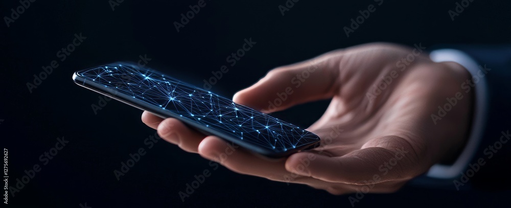 Poster tech devices and icons are linked to the concept of a digital planet earth