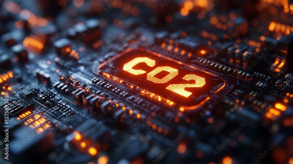 Aufkleber digital circuit board with illuminated co2 text in futuristic style