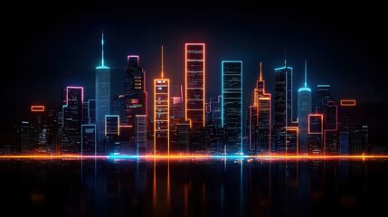 Fototapeta premium Abstract Glowing Cityscape at Night with Vibrant Neon Lights and Dark Sky Reflections