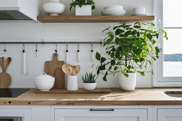 Coastal Kitchen Design with White Utensils and Lush Houseplant in Scandinavian Minimalism