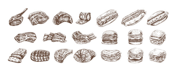 Set of hand-drawn monochrome sketches of different types of meat, steaks, chicken, kebabs, bacon, tenderloin, pork, beef, ham, barbecue, burgers, sandwiches, hot dogs. Vintage illustration.