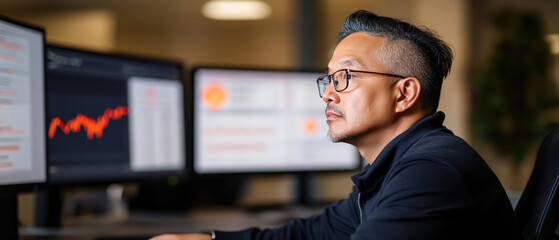 Fototapeta premium Focused financial analyst monitoring stock market data