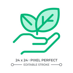 Hand holding sprout duotone color ui icon. Nature care and eco friendly industry. Agriculture business support. Isolated vector illustration. Web design user interface element, pixel perfect