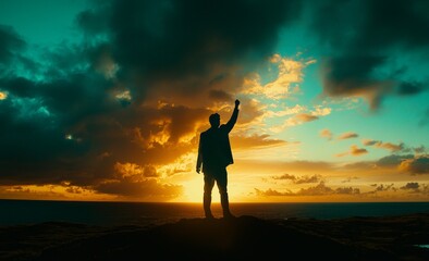 Fototapeta premium A man stands at the mountain's peak, basking in sunlight, embodying success, a winner, and a leader