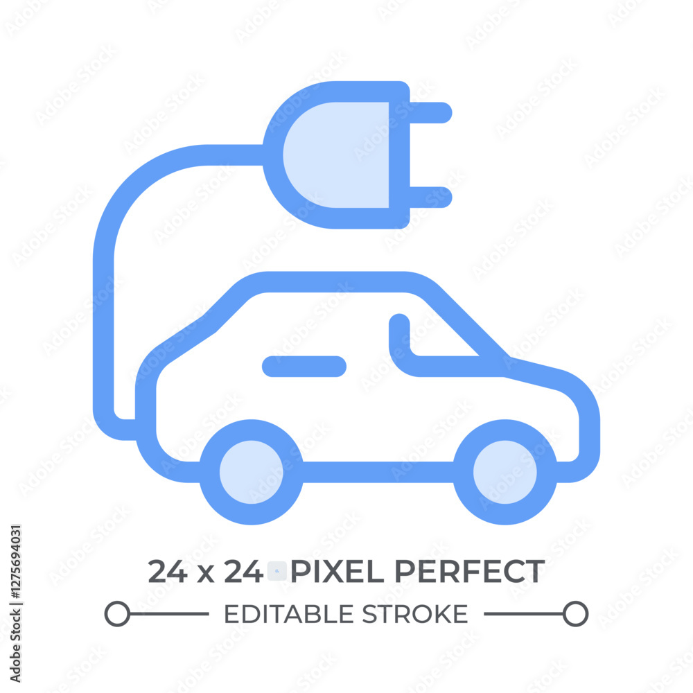 Poster ev duotone color ui icon. car with plug using electricity to drive. clean electric vehicle riding. e