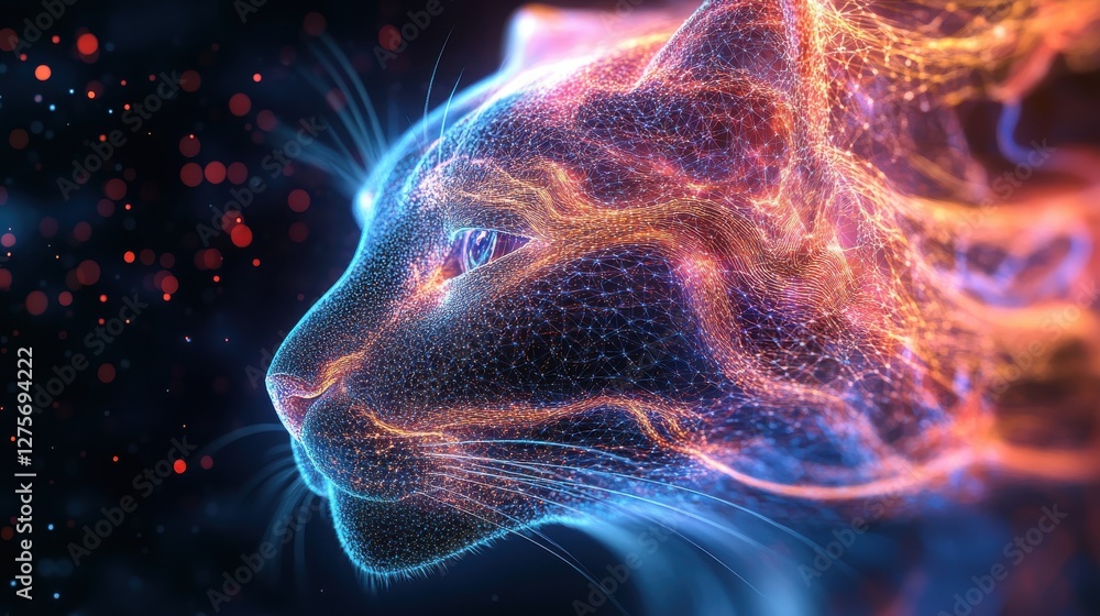 Aufkleber abstract digital representation of a cat with fluid neon lines and dots in a dark background