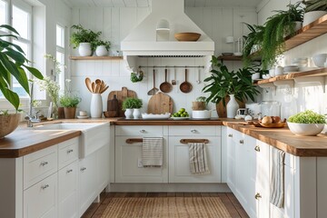 Scandinavian Inspired Coastal Kitchen with White Utensils and Lush Greenery
