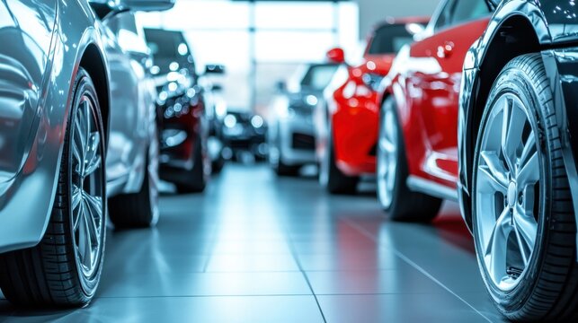 Car dealership showcasing a wide range of vehicles in a clean, modern showroom. Featuring sleek design