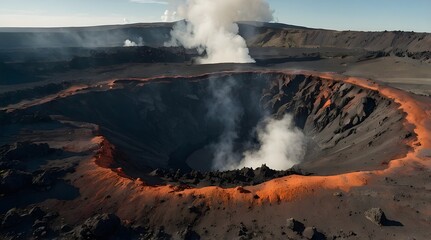 Aerial view of an active volcanic crater emitting smoke and steam, surrounded by rugged terrain and lava deposits, showcasing the raw power and beauty of Earth's geological processes
