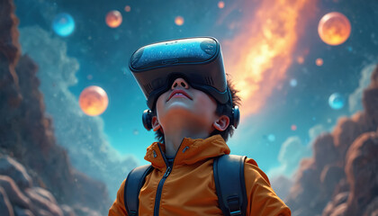 Portrait of young boy in VR headset looking up in sky with planets. Kid experiences virtual reality, modern immersive education and entertainment technologies. Child dreams of space travel.