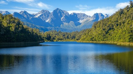 Fototapeta premium Serene Lake Surrounded by Majestic Mountains and Lush Forests