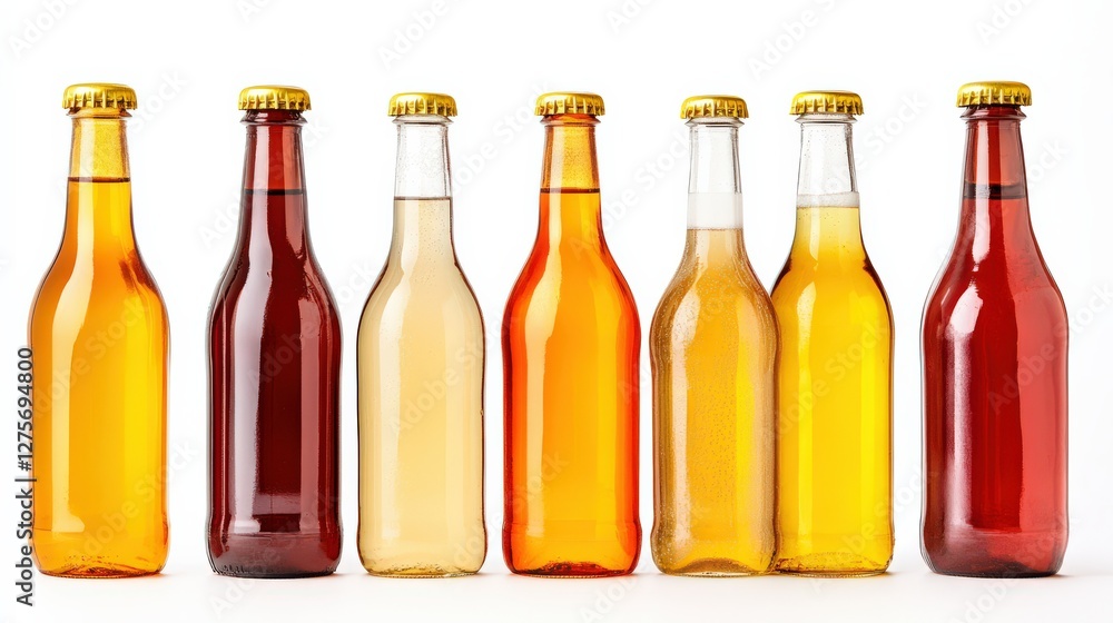 Poster assorted bottles of various colored beverages on white background displaying refreshing options
