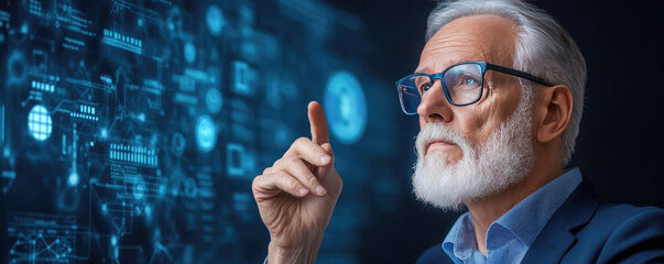 Futuristic technology expert analyzing digital interface