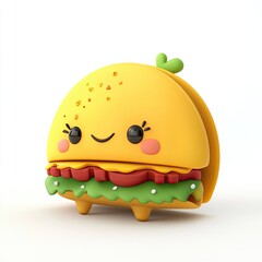 Cute smiling burger-shaped character with vibrant colors and playful design in a bright setting