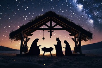 Holy Family Nativity Scene Silhouette in Tranquil Stable Beneath Starlit Sky
