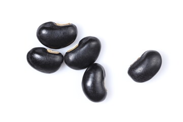 Black beans close up, isolated on white background, top view.	
