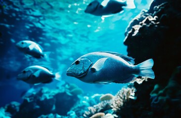 Fototapeta premium A small school of blue fish swims above white coral